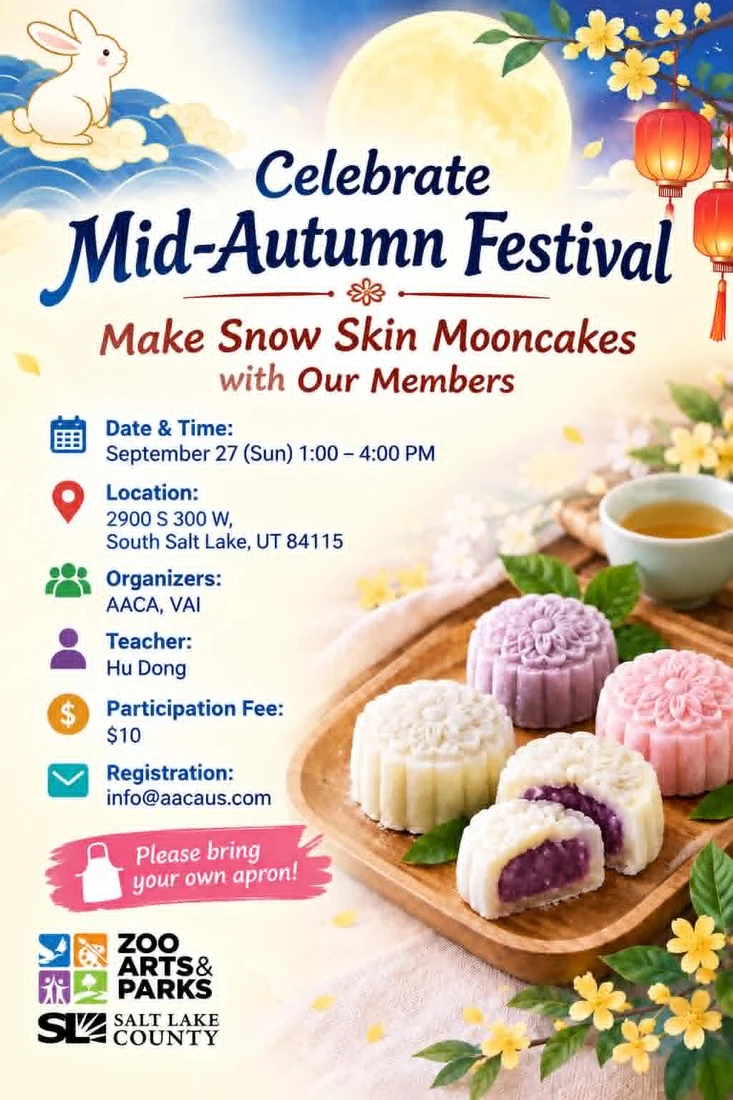 Mid-Autumn Festival poster: snow skin mooncake making, Sunday 27 September 2026, 1 to 4 PM