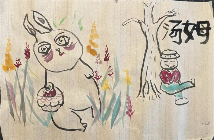A rabbit and figure painted in ink and color