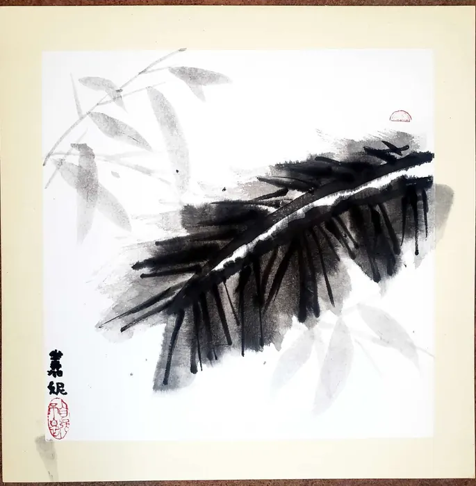Bamboo leaves layered in light and dark ink