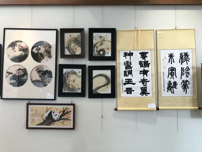 Framed paintings and hanging scrolls